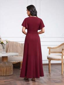 Babyonlinedress Long Formal Dresses For Women Gowns Evening Party Cocktail Dress,Split Elegant V Neck Wrap Ruffle Wedding Guest Dresses - Màu Đỏ Sâu - Xem 2
