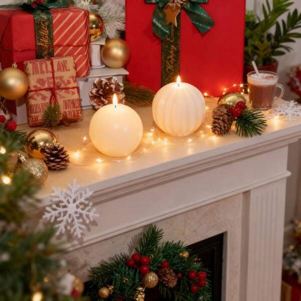 YESTARY 2 PCS Christmas Candles, Unscented White Ball Candle, Elegant Ball Candles Set Of 2, Decorative For Wedding Baby Shower Birthday Christmas Holiday Celebration Valentines Home, Christmas Decorations, Christmas Gifts