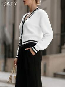 DONICY Damen einfarbige Kontrast V-Ausschnitt Einreiher Strickjacke, modischer retro minimalistischer vielseitiger Schwarz & WeTopeil, geeignet Lässigsual, Business, Konzerte, Schule, Partys