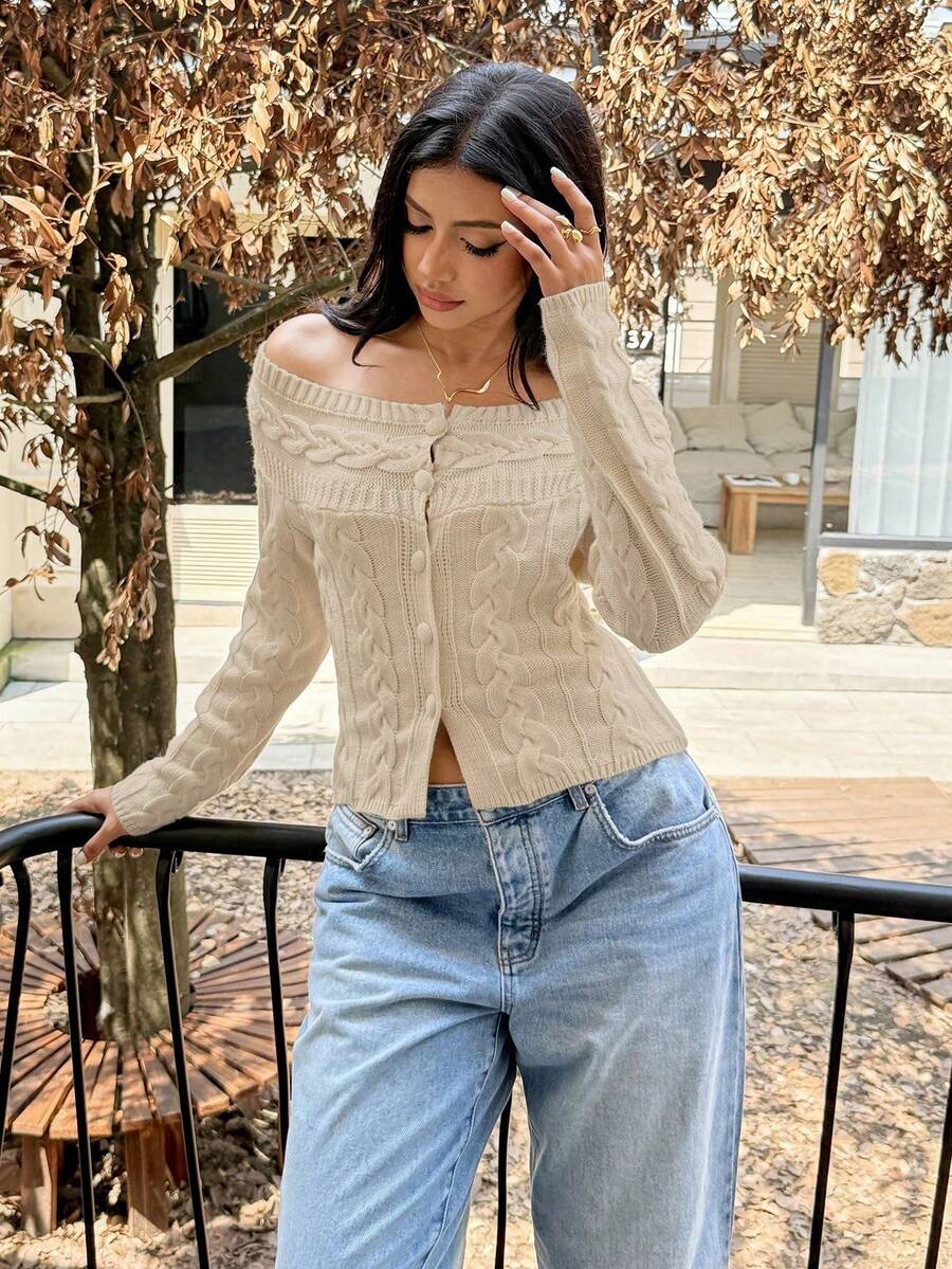 SEREN 女士露肩麻花针织纽扣开衫 - 长袖修身白色开衫，柔软弹力针织面料，适合秋冬季叠穿，时尚休闲，适合办公室、约会、上学和日常穿着。 - 杏色 - 查看 1