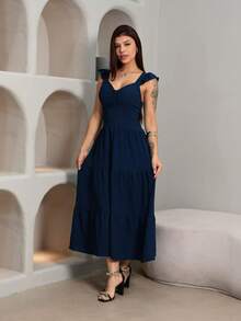 Duna Luxury Midi Dress, Plain, Gathered, With Ruffle On The Sleeve - Màu xanh hải quân - Xem 3