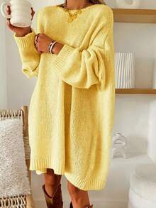 Plus Size Women Knitted Sweater, Elegant, Stylish, Loose Fit, Long Sleeve, Crew Neck, Solid Color, Suitable For Christmas, Autumn/Winter