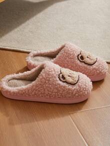 Couple's Cute Bear Design Warm Plush Slip-On Toe Cover Anti-Slip House Slippers, Suitable For Autumn/Winter