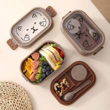 Cartoon Capybara Plastic Compartment Lunch Box, Student Bento Box With Sauce Cup, Portable Food Container - Brown - View 4