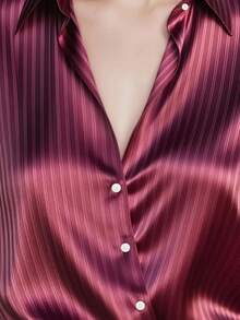 Women's Elegant Commuter Striped Print Shirt, Fashionable Casual Textured Top, Smooth Polyester Fabric, Machine Washable, Opaque, Button Detail, Suitable For Office, Commute, And Light Business Occasions