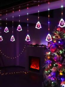 Luces de cortina LED de Navidad con decoraciones de Papá Noel, muñeco de nieve y alce - Control remoto USB regulable con 8 modos, luces amarillas cálidas de estrella falsa para dormitorio, fiesta, boda, cobertura de 15m² - Multicolor - Ver 9