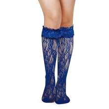 Benefeet Sox Lace Knee High Socks Women Girls Patterned Mesh Fishnet Knee High Stockings Hollow Calf Lolita Sock{"Color_name":"RoyalBlue-LaceRuffleFloralPattern"} - 皇家藍色蕾絲荷葉邊花卉圖案 - 查看 5