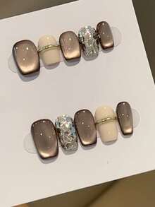 10片秋冬棕色和乳白色闪粉3D猫眼短款按压式美甲贴片，新款温柔优雅可卸假指甲，适合女性和女孩，带收纳盒 - 摩卡棕 - 查看 3