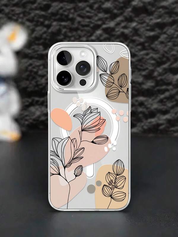 1 pieza Funda de teléfono magnética transparente y protectora, con diseño minimalista coreano de flores y ramas, anillo magnético, anti-caída, compatible con iPhone 11 12 13 14 11Pro Max 12Pro Max 13Pro Max 14Pro Max XR 15 15Pro 15Pro Max 16 16Pro 16Pro Max, Series