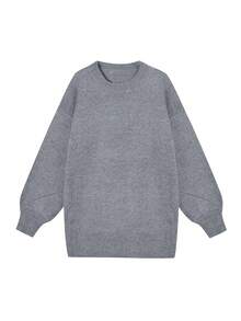 Women's Casual Solid Color Round Neck Lantern Sleeve Knit Sweater, Autumn/Winter