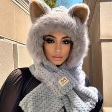 Autumn/Winter Fashion Thermal Lined Warm Hat And Scarf Set, Thick Ear Protection Knit Beanie, Cute Animal Pattern, Random 2 Fold-Over Styles, Multiple Colors Available - Multicolor - View 7