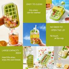 800ml Ice Cube Water Bottle 2-In-1 Portable Ice Maker & Bottle Leak-Proof Aesthetic Design With Ice Mold Press For Travel Gym Office Modern Kitchenware Detachable Lid & Built-In Straw - Green - View 6