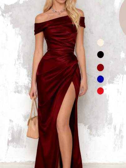 WOWDARK Summer Dress, Wine Red, Fashionable & Elegant Off-Shoulder Solid Color Pleated High Slit Party Dress, Suitable For Valentine's Day, Dates, Gatherings, Parties, Travel, Vacation, Beach And Other Occasions