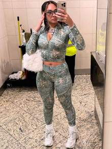 Autumn Retro Style Fashion Slim Fit Floral Pattern Cropped Top Tight Trousers Daily Street Women's Suit