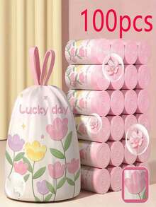 50/100pcs Lavender Scented Thick Large Drawstring Trash Bags - High Density Polyethylene, Multi-Purpose Disposable Storage Bags For Kitchen, Bathroom, Bedroom, Living Room, Bathroom - Office, Meeting Room - Floral Pattern & "Happy Day" Text, Tear-Resistant - Multicolor - View 11