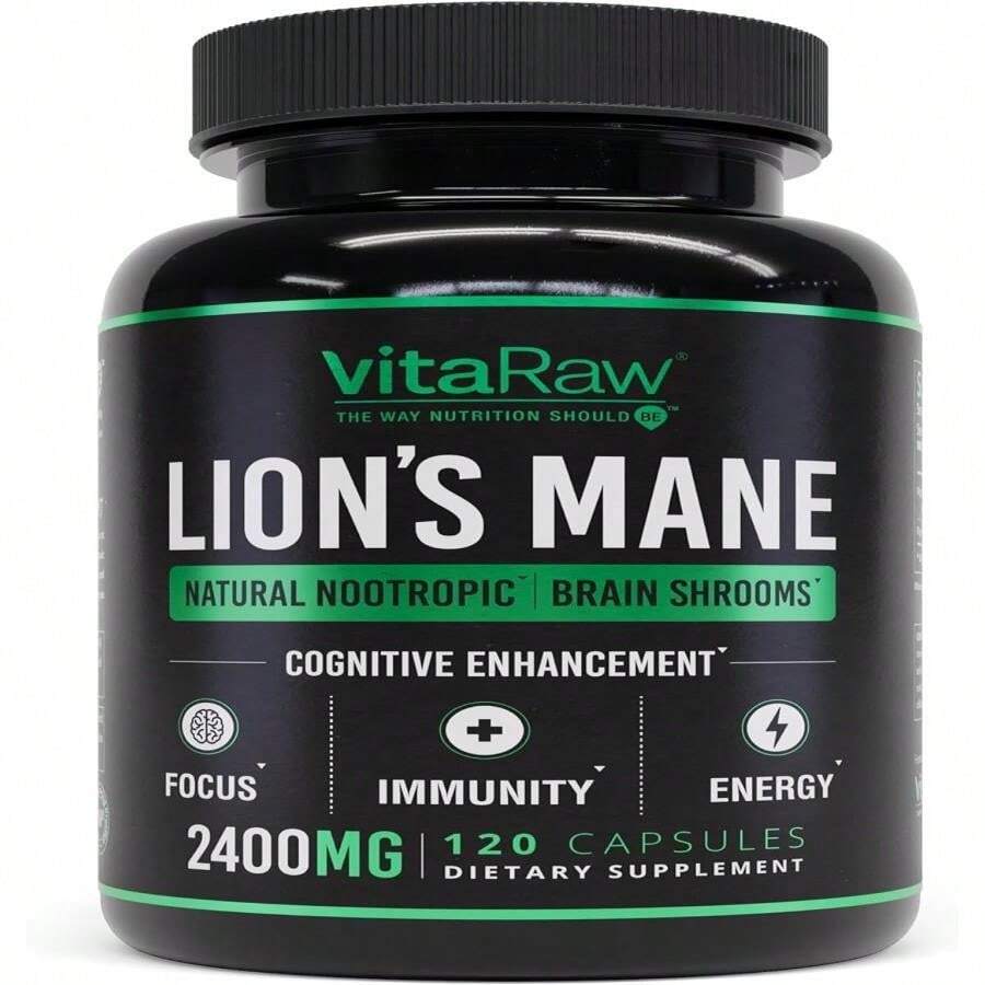 VitaRaw Organic Lions Mane Supplement Capsules 2400 Mg - Powerful Nootropic - Helps Maintain Memory, Energy, And Mental Clarity - Vegan Brain Booster Focus Pills - Real Lion'S Mane Supplement - White - View 1