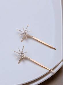 2pcs Ladies' Hair Accessories Set Including Rhinestone Embellished Star, Butterfly & Word Design Mini Hair Clips Elegant Claw Clips Hair Claws Hair Barrettes, School Stuff, Head Accessories - Gold - View 3