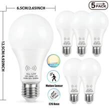 Kasotile 5 件装运动传感器 LED 灯泡，60/80 瓦当量，节能 9/12W，E26 E27 底座，日光白 6000K/暖光 3000k，不可调光 - 白色 - 查看 10