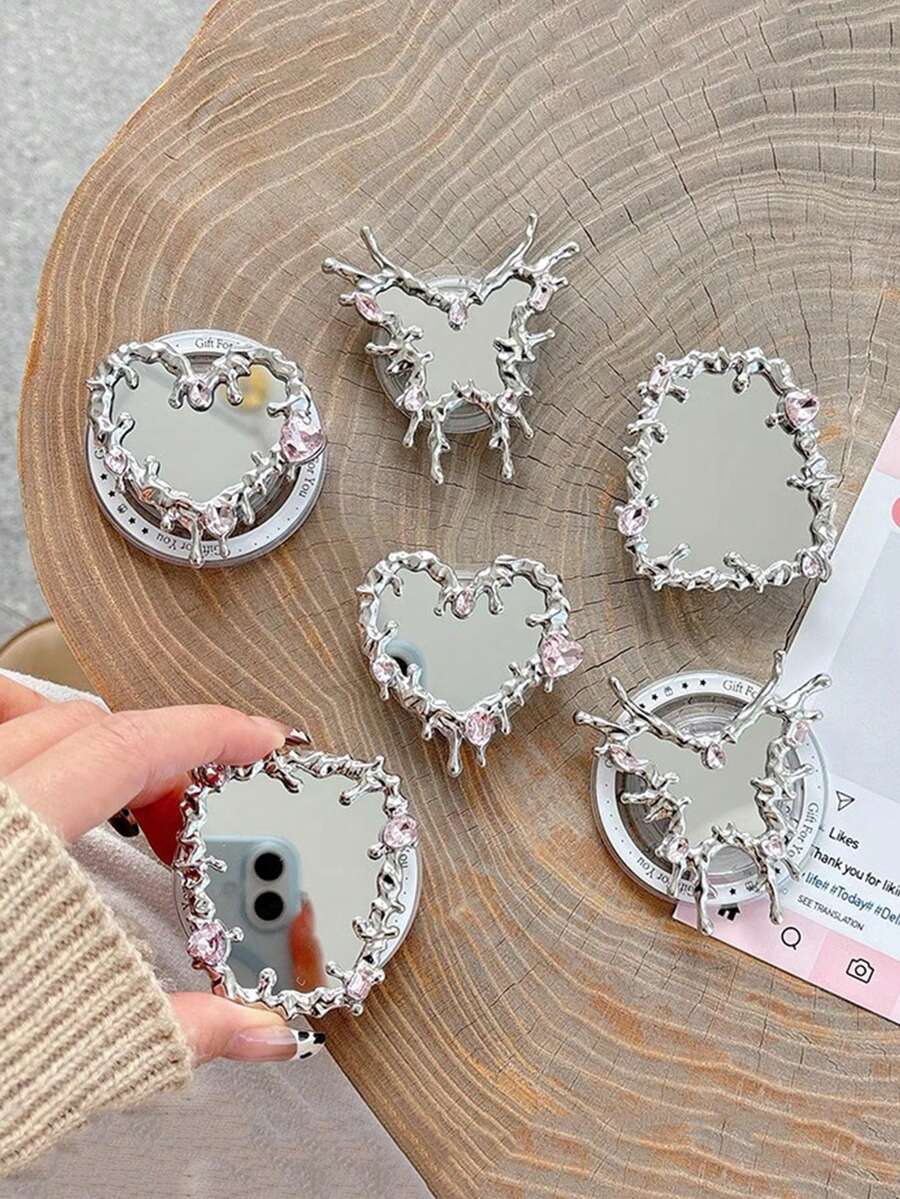 1 件心形和蝴蝶设计可折叠磁性手机支架和化妆镜女士适用 - 彩色 - 查看 1