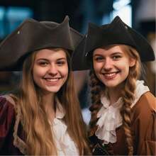 做旧仿皮海盗帽 - 殖民地风格三角帽，棕/黑色，万圣节派对道具，角色扮演，加勒比海盗杰克·斯派罗船长帽，黑色天鹅绒海盗帽，万圣节 - 彩色 - 查看 5