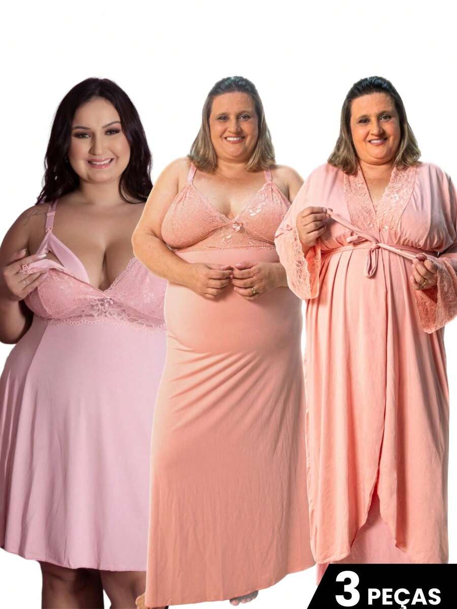 Long And Short Nursing Nightgown Kit With Long Plus Size Robe For Postpartum Pregnant Women, Comfortable - Rusty Rose - View 1