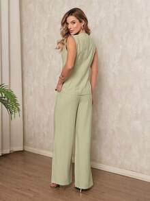 Sleeveless Wide Leg Vest And Pants Set - Elegant And Comfortable Style For Everyday Wear - 橄欖綠 - 查看 4