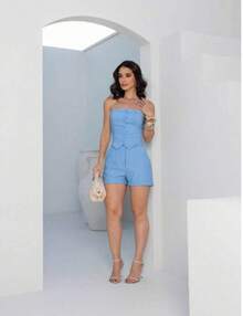 Women's Formal Set With Shorts And Button-Down Top, Summer  2026 - 淺藍色 - 查看 2