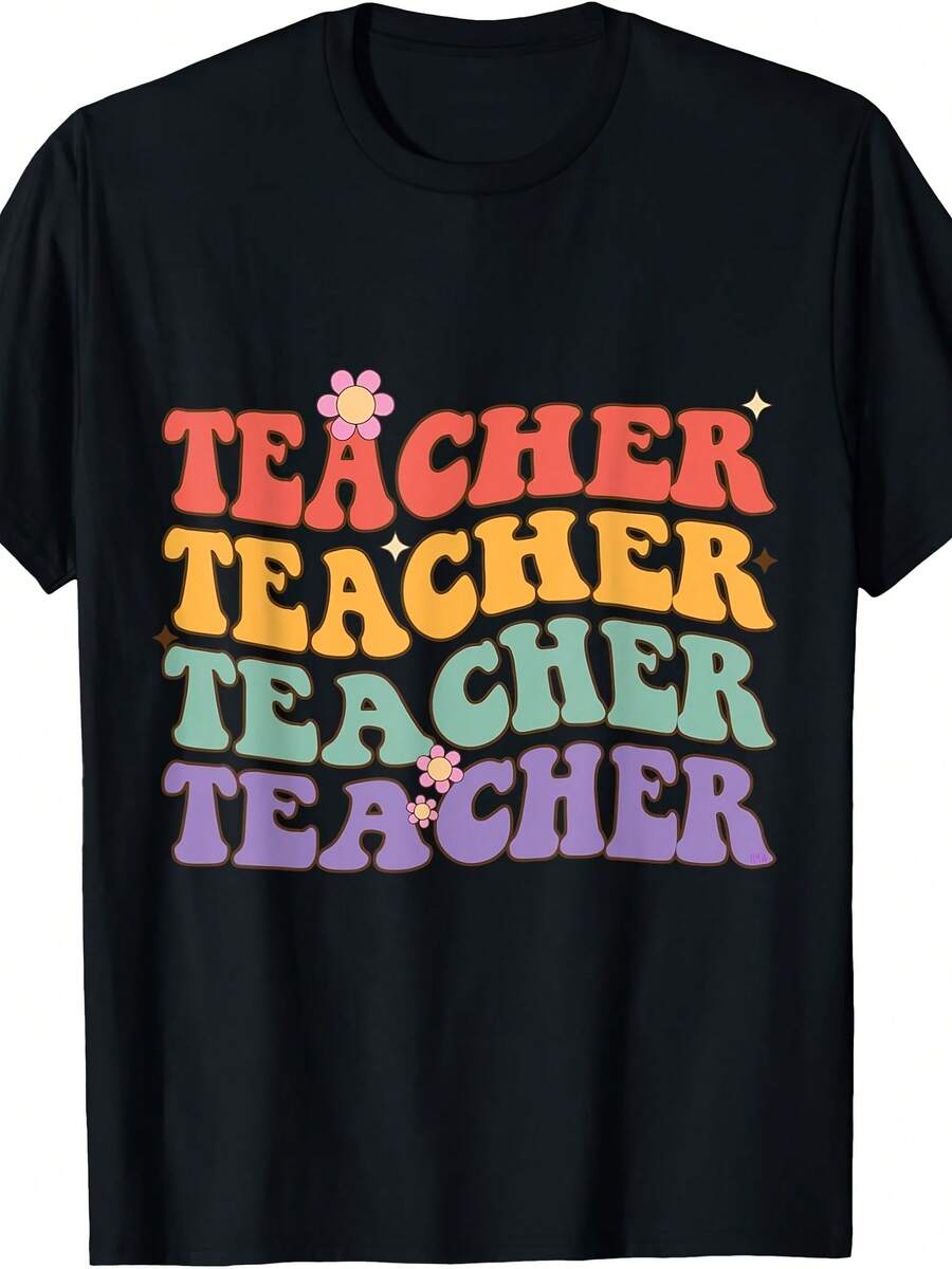Teacher - Retro Hippie Style Colorful Graphic With Flowers T-Shirt - Style 5 - View 1