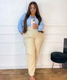 Plus Size Tailored Pants, Large Size With Belt, High Waist, Formal, Elegant, Work, Straight With Belt - 沙 - 查看 2