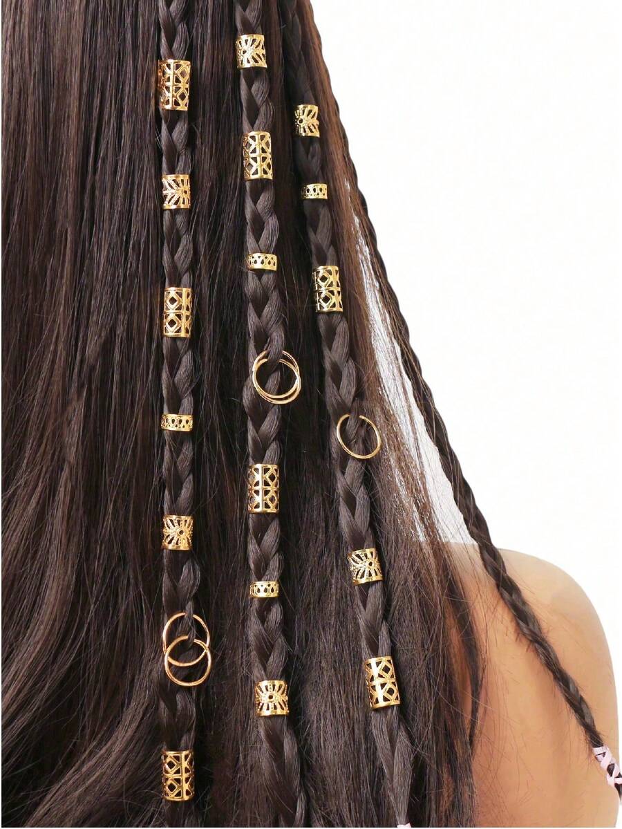 40件套金色发圈套装，街头风派对编发配饰，时尚发夹，夏季沙滩发型装饰 - 金色 - 查看 1