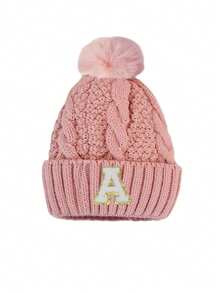 1pc A-Z Letter Kids Winter Twist Knit Hat, Girls Version, With Pom Pom Thick Thermal Lined, Solid Color Girl Warm Ski Cap - Pink - View 5