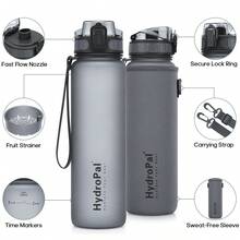 Unistar Water Bottle With Time Marker -Large 34 Oz Tritan Bottle & No Sweat Sleeve -Leak Proof Gym Sports Bottle With Fruit Infuser Strainer & Carrying Strap - Gift Package For Christmas - Xám - Xem 7