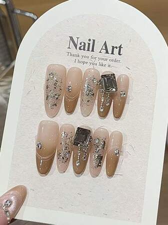 10片装高端秋冬香槟色闪耀绒钻立体方钻渐变猫眼手工假指甲美甲贴片适合新年朋友聚会派对圣诞狂欢活动佩戴