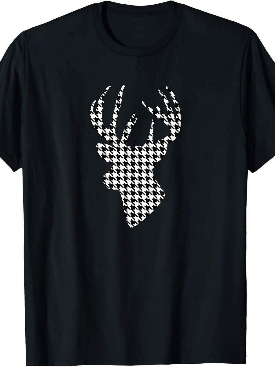Deer Head Black White Houndstooth Design Hunting T-Shirt - Style 12 - View 1