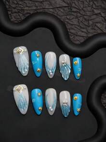 10 pezzi di adesivi per unghie fatti a mano, design 3D a conchiglia e stella marina, stile marino, colore blu, rimovibili e riutilizzabili, sbiancanti ed allunganti, stile cat eye di alta qualità, ottimo regalo