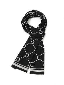 1 pieza Bufanda corta con flecos de doble cara de imitación de cachemira, cálida y suave, para hombre, adecuada para mantener el calor, ropa exterior, viajes, fotografía, regalos festivos - Blanco y Negro - Ver 3