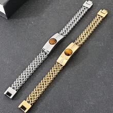 Classic Men's Bracelet With Tiger Eye Stone 12MM Width Gold Color Stainless Steel Link Chain Man Bracelets Jewelry Accessory - 銀色 - 查看 3