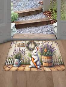 1 peça de tapete de boas-vindas com estampa de coelho da Páscoa e flores - Decoração de Natal - Decoração diária, Lavável à máquina, Durável, Resistente a manchas, Secagem rápida, Adequado para capacho interno/externo