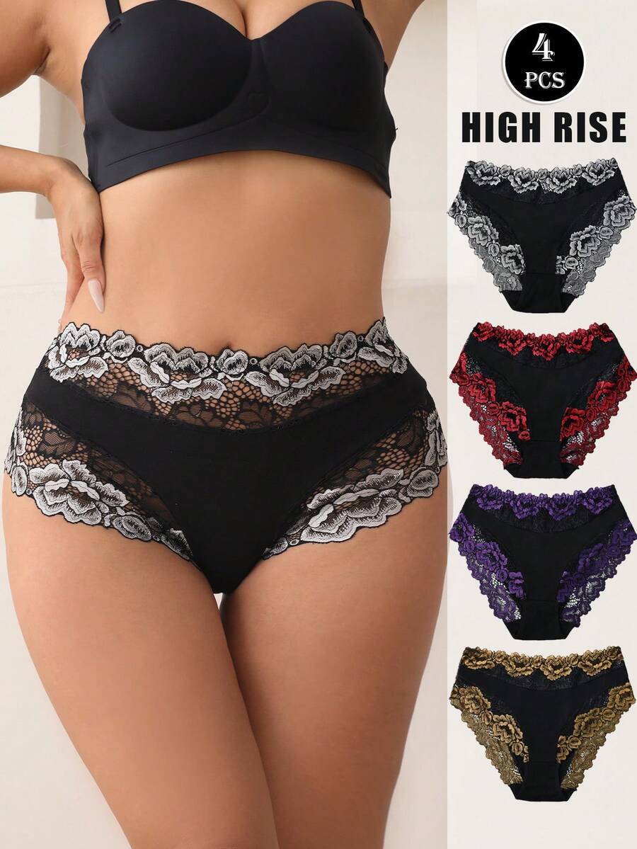 4 件套花卉蕾丝棉质内裤，性感舒适透气弹力内衣内裤 - 彩色 - 查看 1