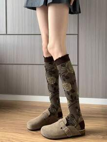 1双玫瑰花图案摩卡色女士过膝袜，秋冬季，法式复古优雅设计，舒适保暖。 - 彩色 - 查看 5