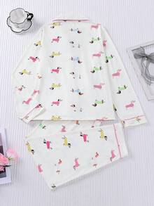 两件套休闲动物可爱腊肠犬印花女士睡衣套装，舒适长袖翻领上衣和松紧腰裤，适合假日派对、四季皆宜的家居服，秋冬季服装。 - 米色 - 查看 2