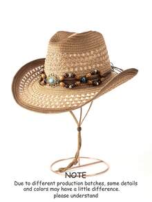 1 pieza Sombrero de paja tipo Panamá casual y bohemio con bloques de color, protección UV y a prueba de viento, versátil para hombres y mujeres, para todas las estaciones