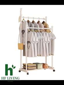 Perchero de ropa de doble varilla PARA COLGAR , CON RUEDAS, perchero de metal independiente con estante para zapatos y ganchos laterales, organizador de ropa resistente para dormitorio y uso doméstico. - Multicolor - Ver 3