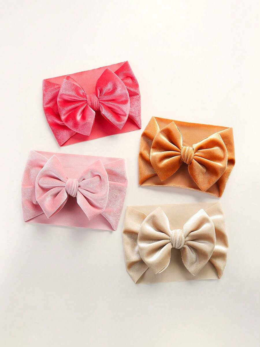 4 piezas Diademas elásticas de terciopelo suave y de unicolor con lazo grande, estilo bohemio, para bebés y niños, accesorios para el cabello recién nacidos para fotografía, uso diario, festivales, otoño/invierno