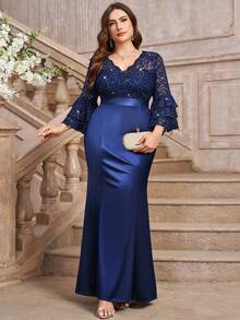 Plus V Neck Sequin Floral Lace Contrast Satin Ruffle Sleeve Mermaid Hem Formal Party Long Dress, Valentine's Day Dress, Elegant Formal Prom Wedding Guest Gown, For Graduation, Dinner, Homecoming