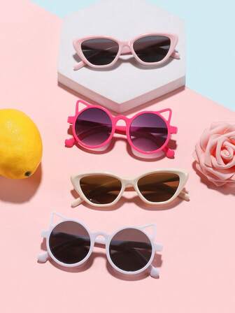 1 Set, 4 Stücke, für Jungen und Mädchen im Alter von 4–8 Jahren, bonbonfarbene, süße Katzenohren und lässige Retro-Modebrillen mit Cat-Eye-Rahmen, geeignet für Urlaubsausflüge, zum Kombinieren mit dem täglichen Outfit und als festliches Geschenk.