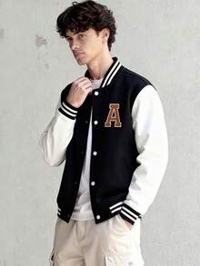 1pc Teenager Boys Casual Loose Fit Contrast Color Letter Print Zip-Up Baseball Jacket, Autumn/Winter
