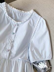 女士蕾丝拼接系带衬衫，简约纯色夏季款 - 藍色 - 查看 3