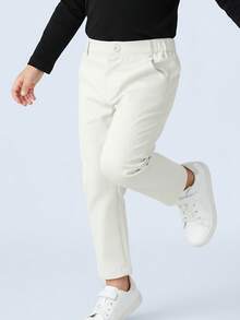 BOARNSEORL Young Boy White Elastic Waist Casual Pants, Solid Color, Versatile And Comfortable, Suitable For Spring And Autumn Daily Wear - White - View 2