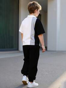 2pcs/Set Tween BoySummer Short Sleeve Polo Shirt & Elastic Cuff Pants Set, Deer Print Colorblocked Casual Outfit